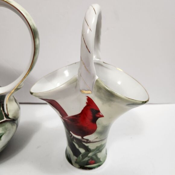 Cardinal in Holly Porcelain Pitcher & Basket Christmas Holiday Table Red Green - Picture 6 of 8